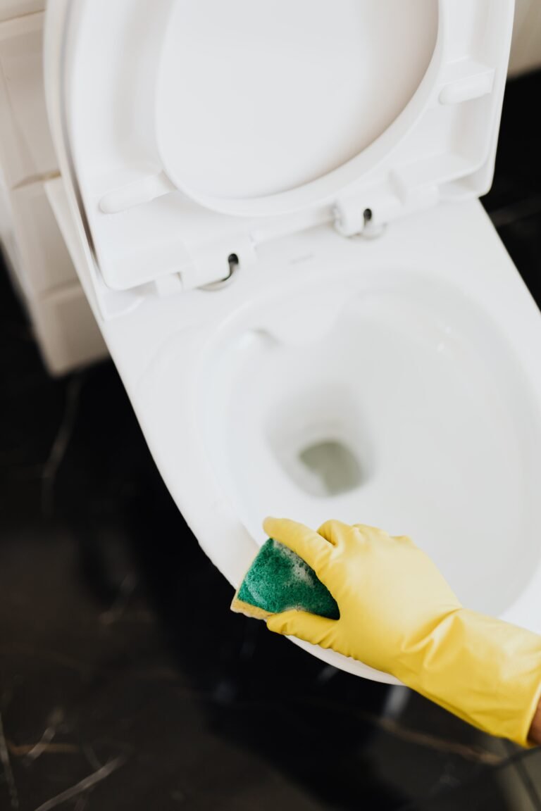 Gloved hand cleaning a toilet bowl with a sponge