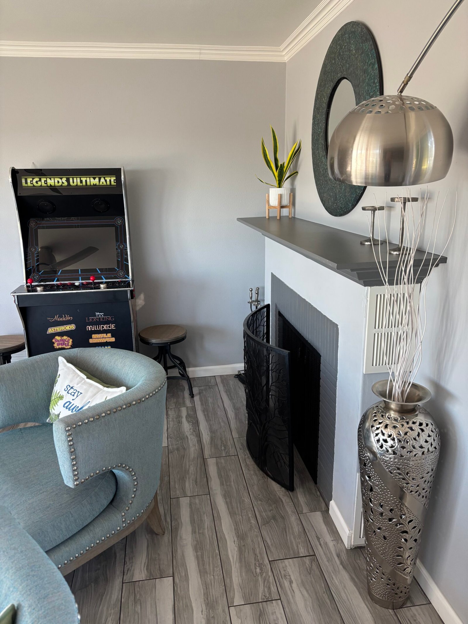 Eclectic apartment living room with decor and a plant