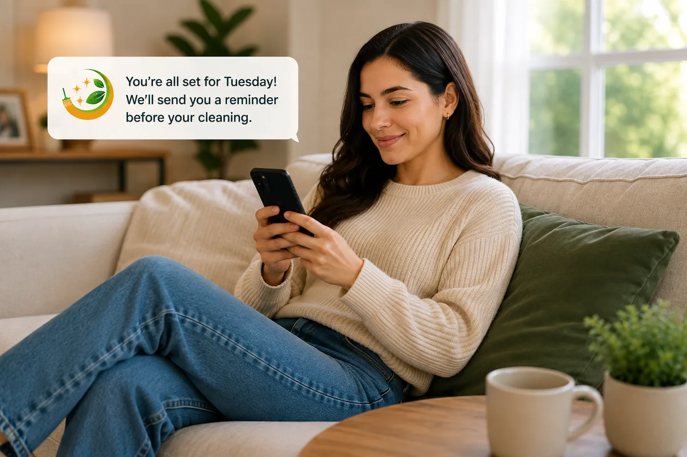 Homeowner relaxing on a sofa reading a Suddenly Clean booking confirmation and reminder text message