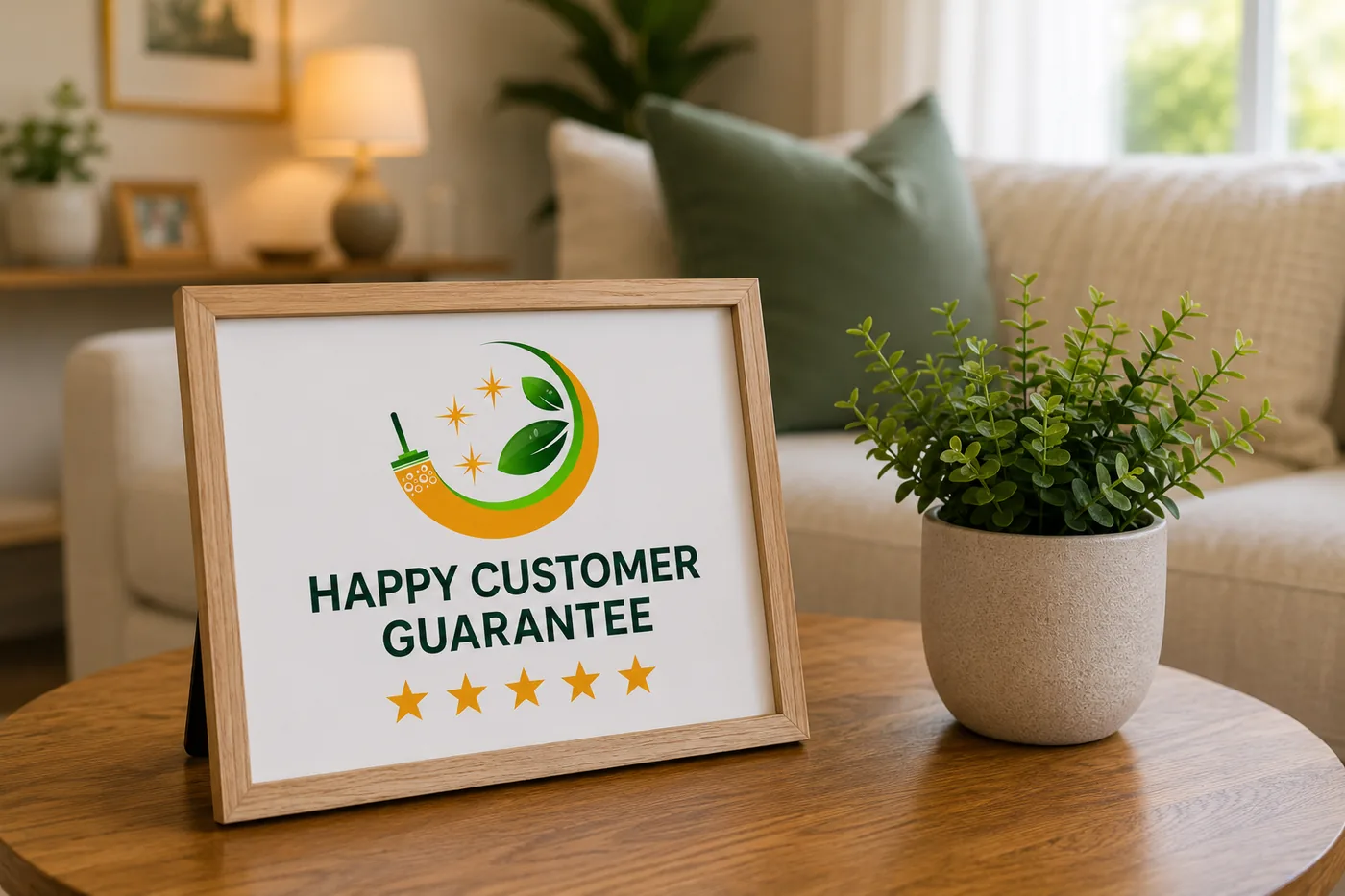 Framed Suddenly Clean Happy Customer Guarantee card with five stars displayed in a home living room