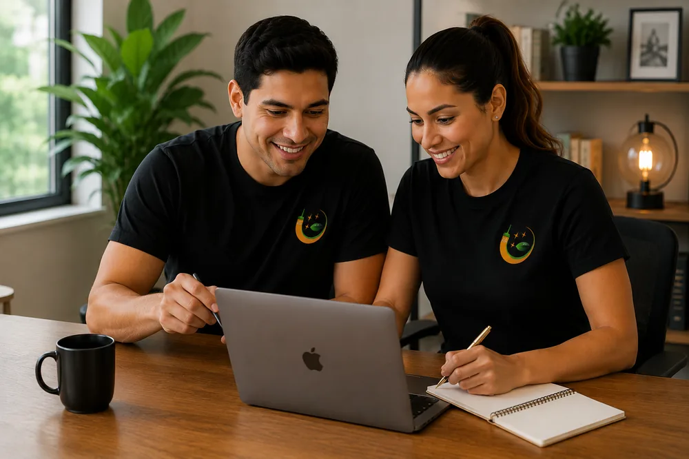 Two Suddenly Clean operations team members reviewing a customer service schedule together at a laptop