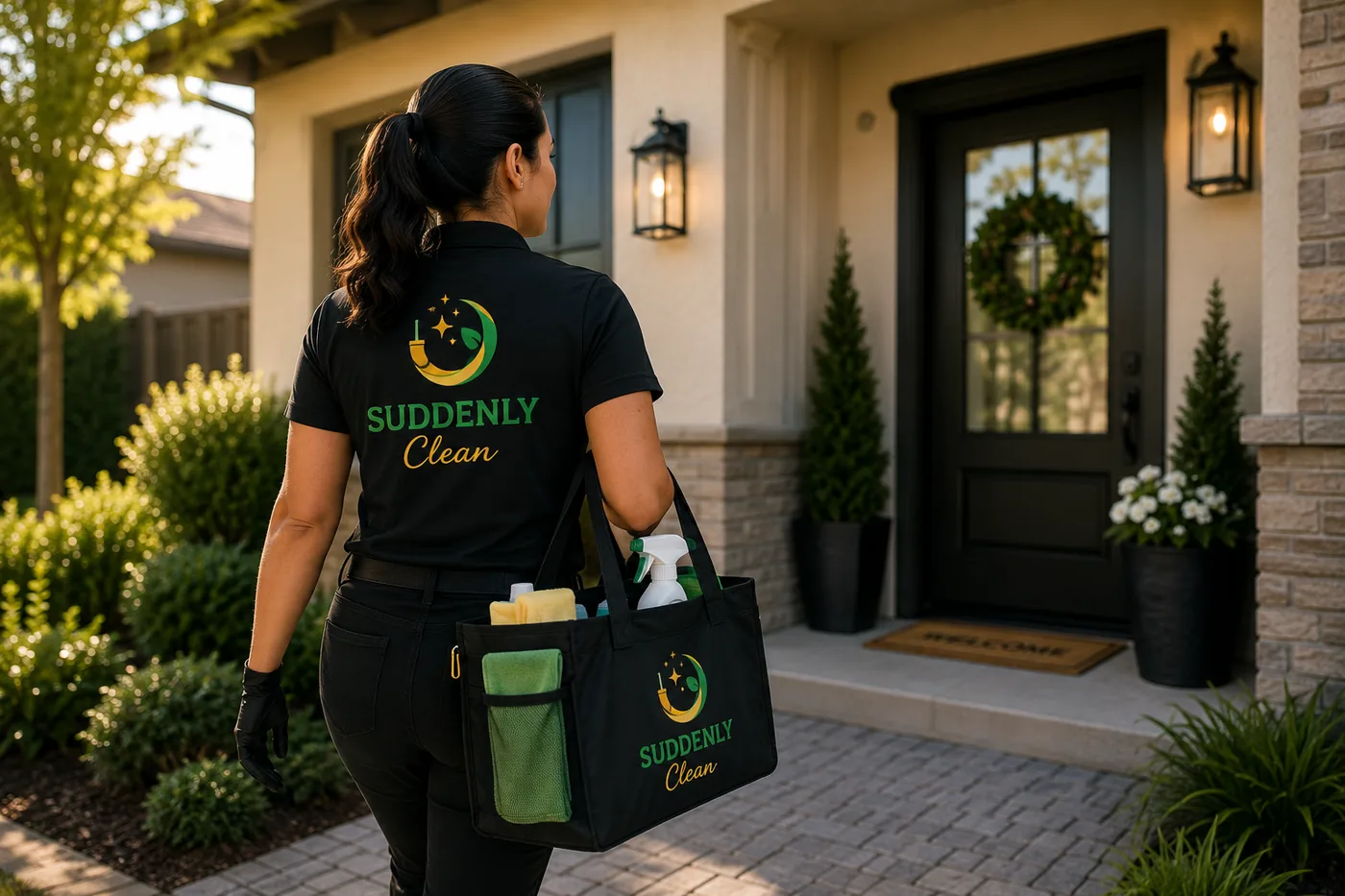 Suddenly Clean cleaning professional arriving at a residential front door with a supply bag, ready to begin a scheduled cleaning