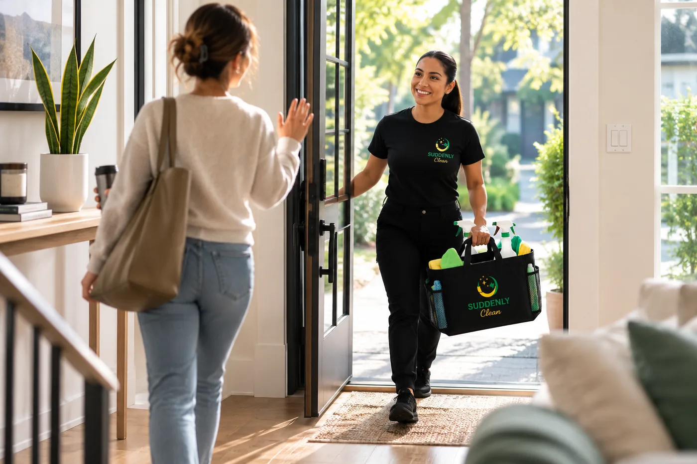 Homeowner welcoming a Suddenly Clean cleaning professional into the home at the front entry