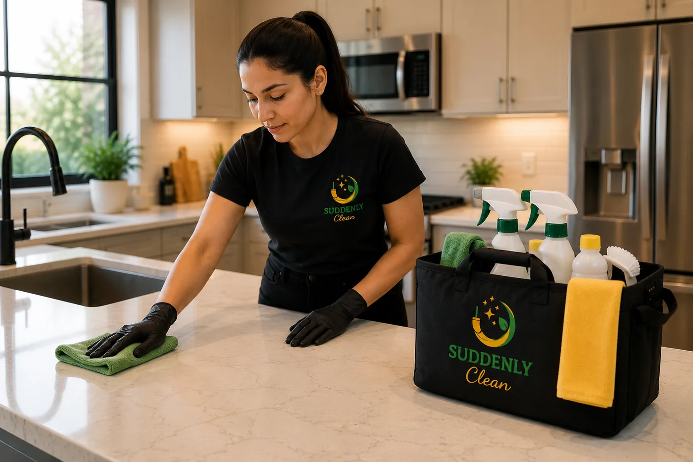 Suddenly Clean cleaning professional wiping a kitchen counter with an organized cleaning caddy nearby